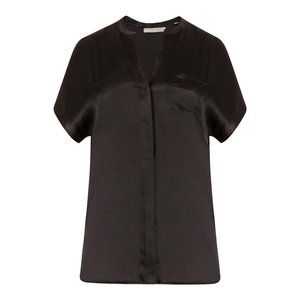 vince 100% silk black button up v-neck collarless blouse top